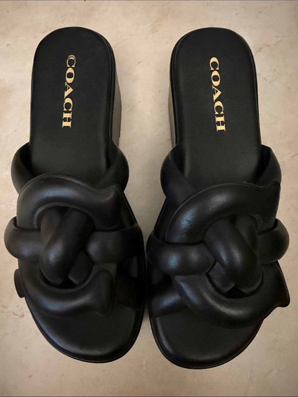 Coach Black Knotted Leather Slide Mules